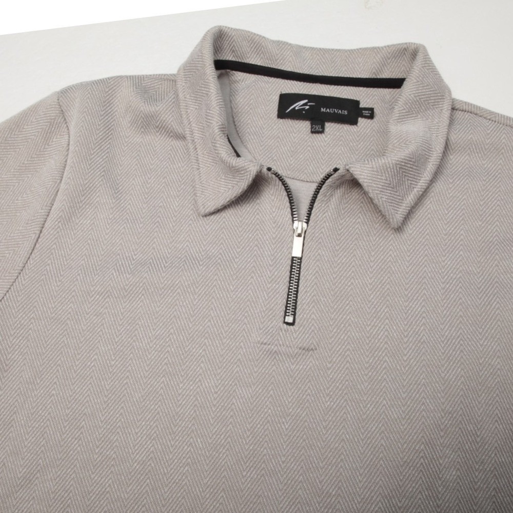 Mauvais Quarter Zip Polo Shirt Mens 2XL Taupe Herringbone Textured Short Sleeve